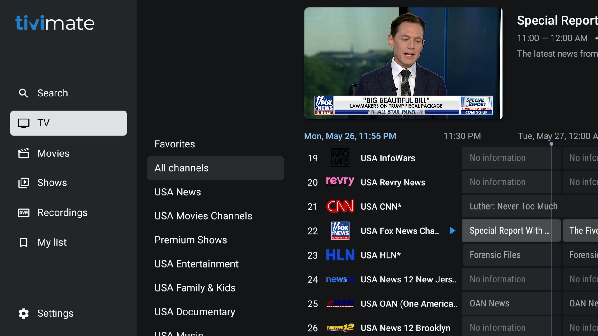 TiviMate left menu showing Live TV, Movies & Series